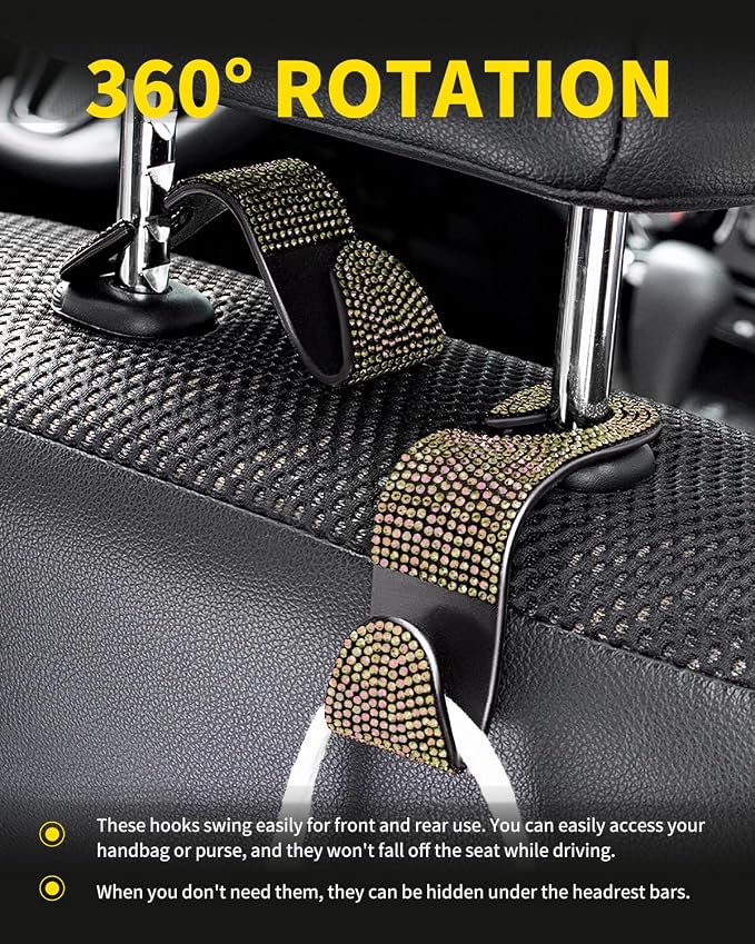 4 Pack Blink Diamond Car Seat Headrest Hooks Crystal Rhinestone Car Purse Holder Universal Car Interior Accessories for Handbags Water Bottles Purse Coats Umbrellas, Colorful