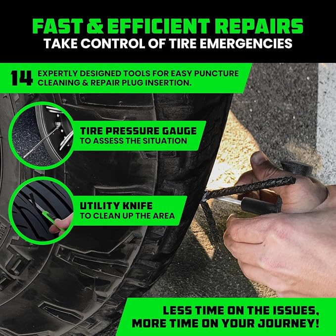 Rhino USA Compact Tire Repair Kit (14-Piece) – Heavy Duty Plug Set with Included Lubricant to Fix Punctures and Seal Flats – Tubeless Tool for Car, Motorcycle, ATV, UTV, RV & Trailer