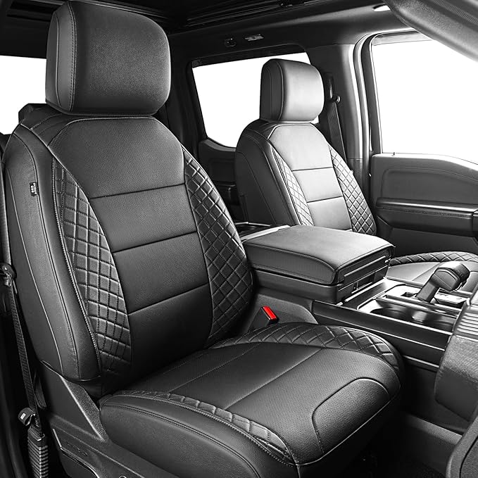 F150 Seat Covers, Custom Fit Ford 2020 2019 2018 2017 2016 2015 F150 XL XLT STX Super Crew Cab, Truck Seat Cover for 2015-2020 F 150 XL/XLT/Lariat Accessories, Black Leather