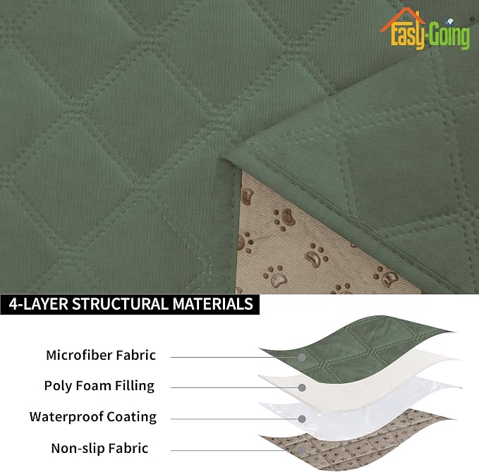 Easy-Going Waterproof Loveseat Cushion Covers, Non-Slip Leakproof Sofa Seat Cushion Slipcovers, Quilted and Stretch Furniture Protector for Dogs, Pets (2-Piece Loveseat Cushion, Grayish Green)