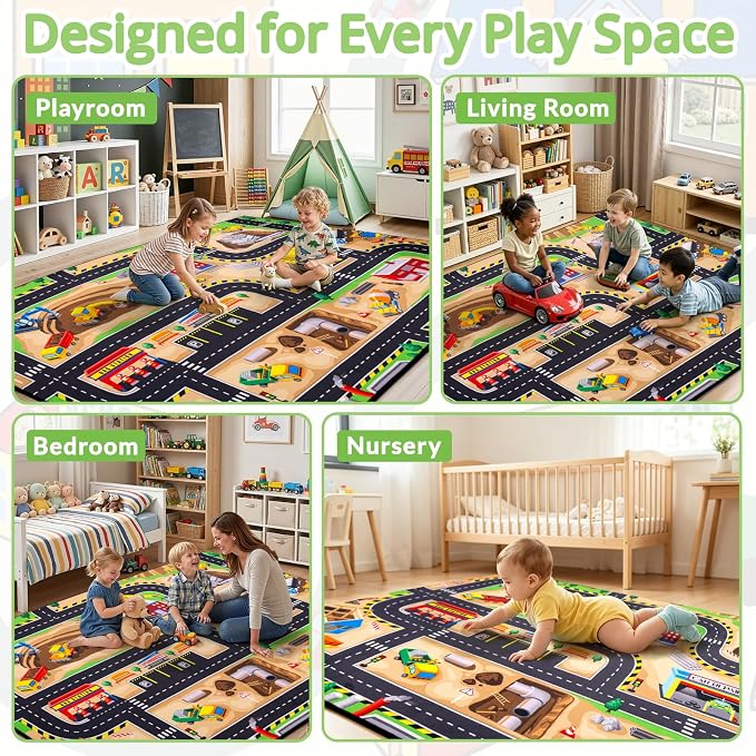 Kids Rug, 6x9 Ft Construction Play Rug for Kids | Extra Thick 0.4in Soft Construction Site Play Rug with Non-Slip Rubber Backing,Machine Washable for Bedroom & Playroom