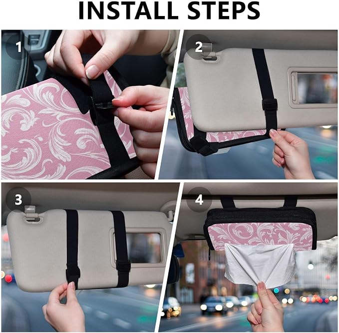 Car Tissue Holder Car Napkin Holder Tissue Box Dispenser Storage Case Sun Visor Mask Holder Accessories with Adjustable Straps Reusable Refillable Pink Damask Swirl