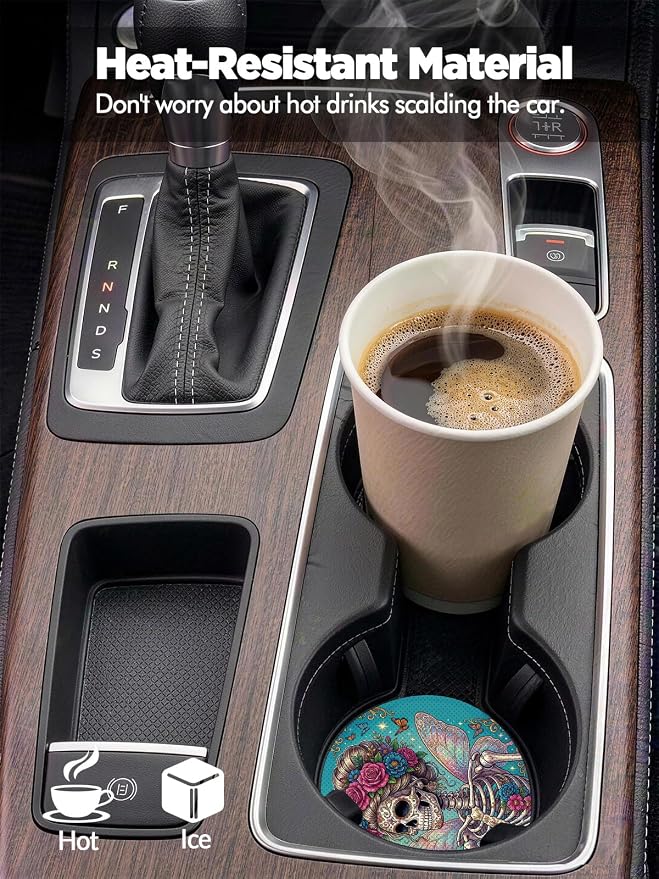 WOCOCN Car Coasters for Cup Holders - 2 Pack 2.75" Universal Rubber Car Cup Coaster, Non-Slip Waterproof Car Interior Accessories, Cute Car Decor Gifts for Women and Men (Butterfly Skull)