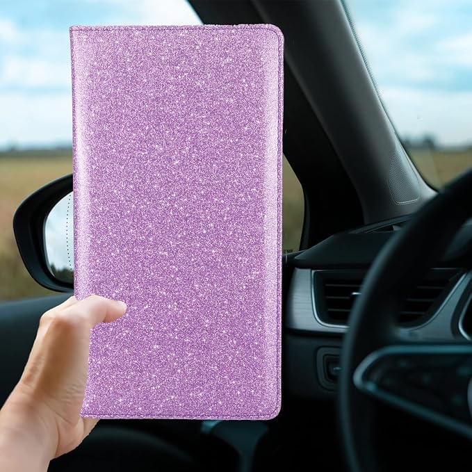 Car Registration and Insurance Holder, Bling Premium Pu Leather Vehicle Glove Box Organizer, Prefect Leather License Registration Holder for Driver License, Cards & Essential Documents (Purple)