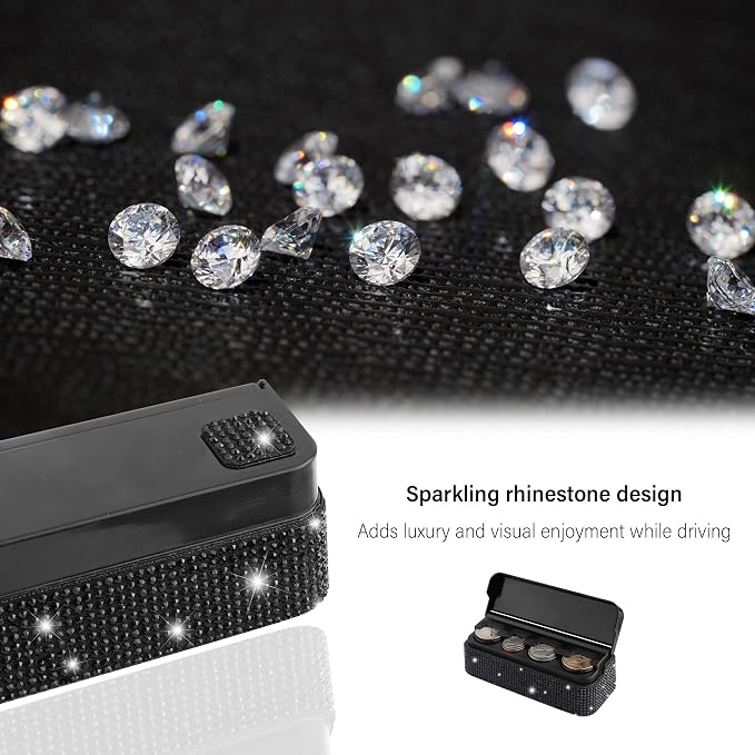 carleef Bling Coin Holder for Car,4 Compartment Car Organizers and Storage with Rhinestones Compatible with Quarter/Nickel/Pennies/Dimes,Universal Coin Organizer for Car Truck SUV (Black)