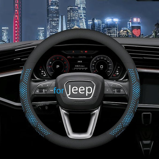 Yangday Leather Steering Wheel Cover for Jeep Wrangler Grand Cherokee Compass, 14.5-15 inches Car Steering Wheel Cover with Non-Slip Breathable (Blue)
