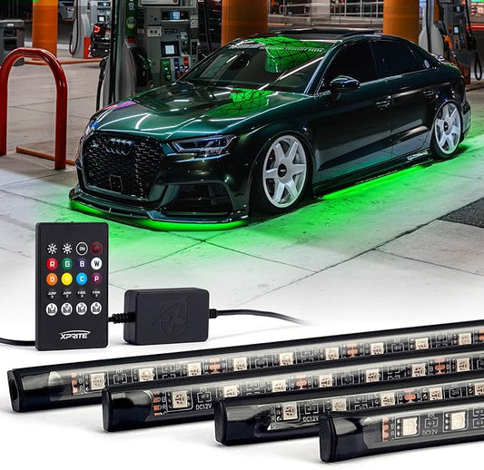 Xprite Car Underglow Neon Accent Strip Lights, 4Pcs RGB 252 LEDs Underglow Kit with Sound Active Function Music Mode & Wireless Remote, Exterior Car Lights Underbody Lighting for Car Van SUV Truck