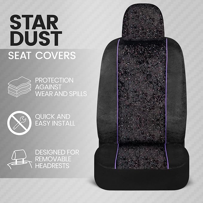 BDK Black Stardust Car Seat Covers for Front Seats, 2 Count.Glitter Pattern Front Seat Cover Set with Matching Headrest, Sideless Design for Easy Installation, Fits Most Car Truck Van and SUV (1 Pack)