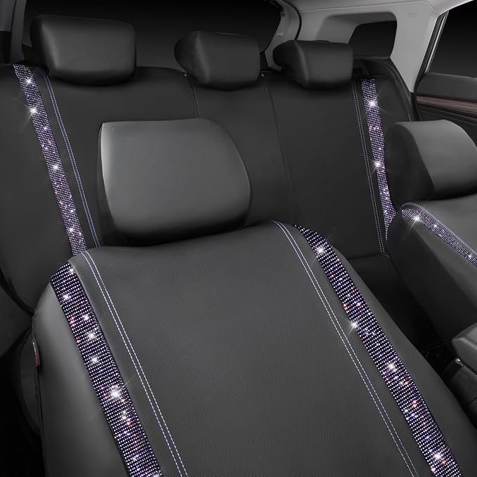 CAR PASS Bling Diamond Car Seat Covers Full Set,Shining Rhinestone Waterproof Faux Leather,Rear with Zipper,Universal Fit Automotive Glitter Crystal Sparkle Strips for Women,Violet Purple Rhinestone