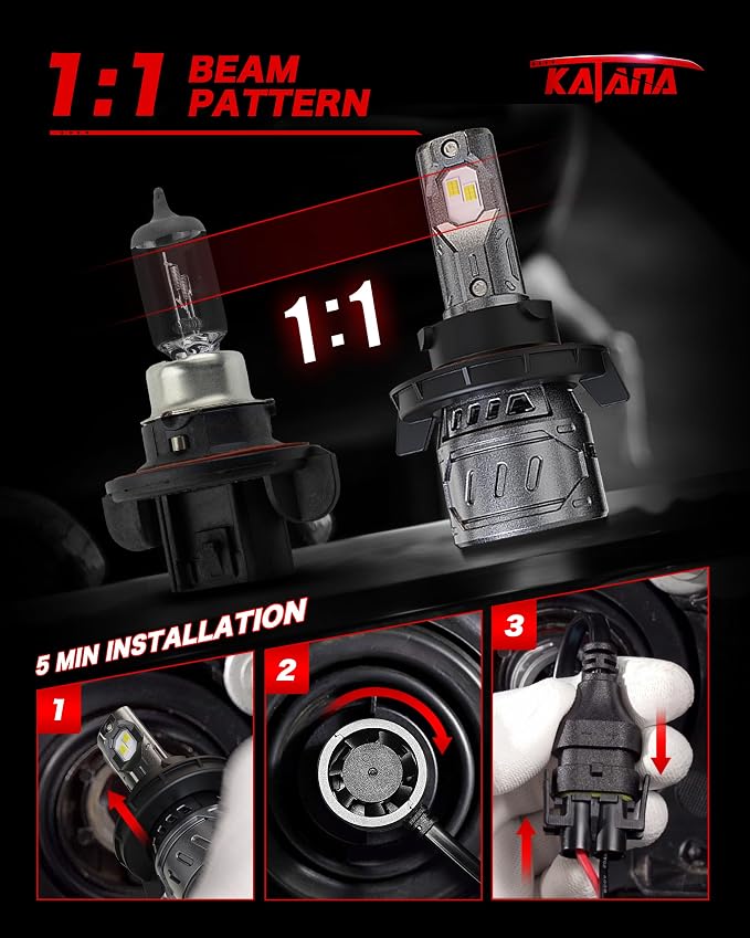 Katana H13 Bulbs,9008 400% Brightness 6500K 1:1 Size Plug and Play Fog of 2 | Cooling Fan,High/Low Beam,360°Beam Angle