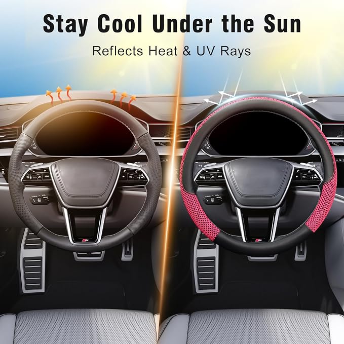 KAFEEK 15 inch Steering Wheel Cover, Cooling Ice Silk Mesh with Microfiber Leather, Heat Resistant, Breathable, Anti-Slip, Summer Cool, Universal Fit, Black & Red