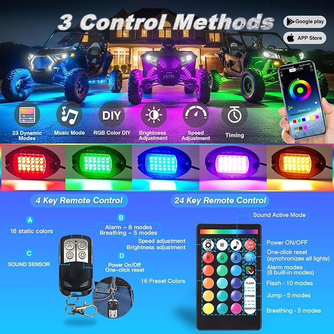 4Pods Aluminum RGB LED Rock Lights for ATV UTV 4 Wheeler Can-Am SXS RZR Side by Side Offroad Golf Cart with APP/RF Remote Control, Waterproof Multicolor Metal Alloy Case Segmented Underglow Light 12V