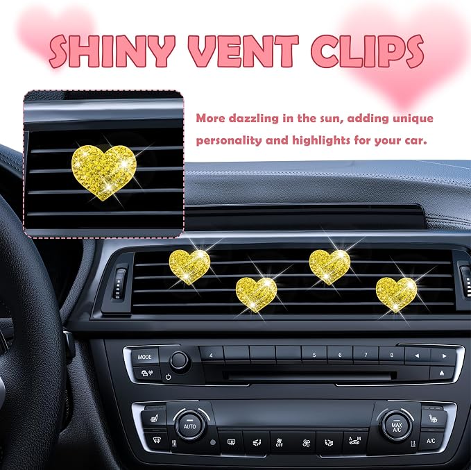 4PCS Heart-Shaped Car Vent Clips with Rhinestone,Bling Air Vent Clips Car Decorations,Premium Shiny Car Clips for Vents Accessories Interior (Yellow)