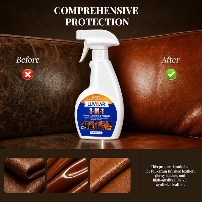 Leather Cleaner and Conditioner 3-in-1 Spray, Use on Leather Furniture, Car Seats, Shoes, Bags, Jackets and Leather Bags with Microfiber Brush & Microfiber Cloth(16 oz Spray Bottle)