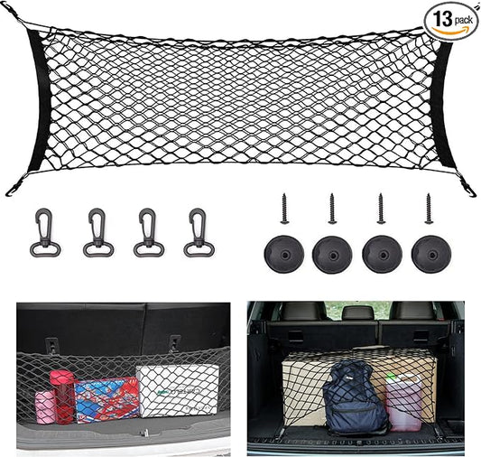 zxbaers Car Rear Cargo Net (35.4"x15.8"), Envelope Style Elastic Trunk Net Organizer Heavy Duty Stretchable Nylon Storage Net Mesh with Hooks for Car, SUV, Vehicle