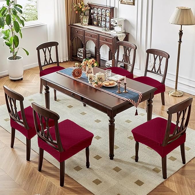Genina Waterproof Seat Covers for Dining Room Chairs Covers Dining Chair Slipcovers Protector, No Rear Covers (Wine Red, 6 Pcs)