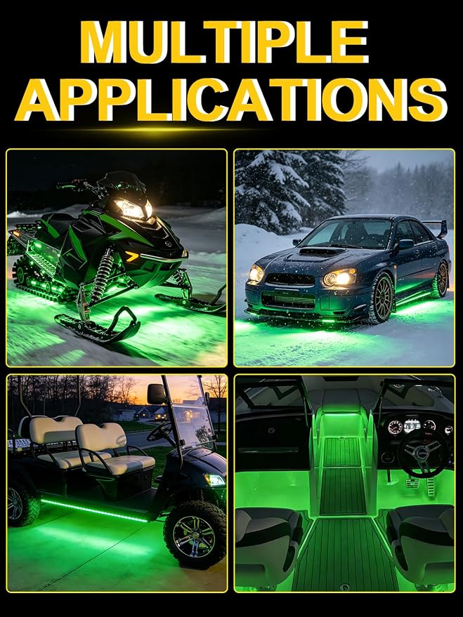 YM E-Bright Green Underglow LED Strip Lights 4 Pack 11inch IP67 Waterproof | 5050 15 SMD chips, DC12V low voltage, fits cars, motorcycles, golf cart, boats for interior & exterior decorative lighting