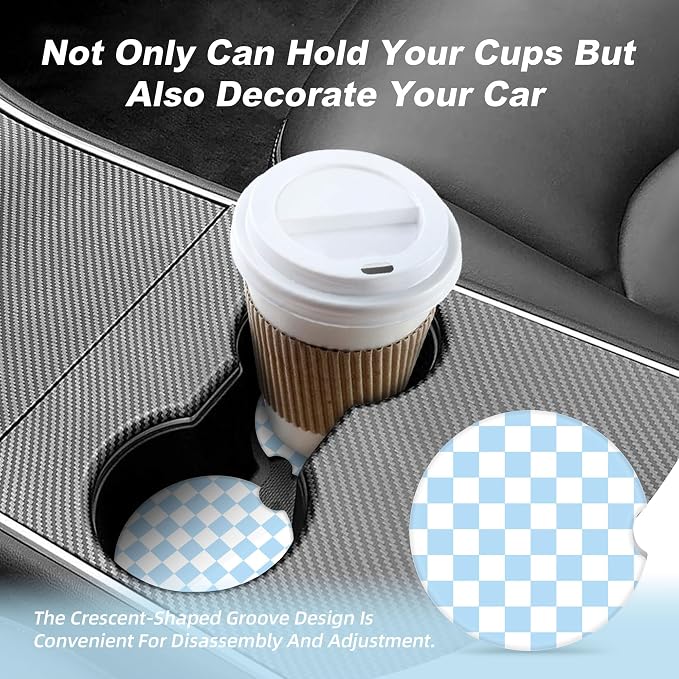 Blue and White Checkered Car Coasters for Cup Holders,2 Pack Car Cup Holder Coasters for Car,Ceramic Absorbent Car Coaster with A Finger Notch and Cork Base,Car Interior Accessories for Women Men