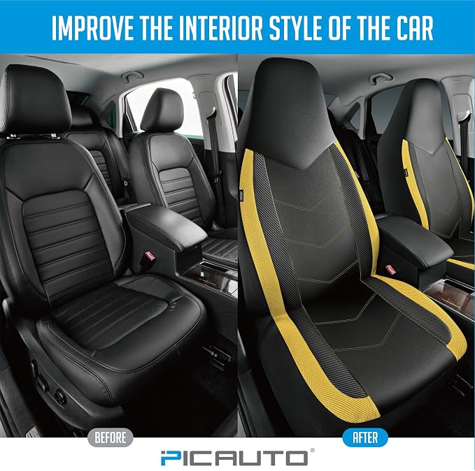 PIC AUTO Leather Car Seat Covers, Sports Carbon Fiber & Mesh Design, High-Back Two Front Set, Waterproof Automotive Seat Covers, Airbag Compatible, Universal Fit for Most Cars (Black & Yellow)