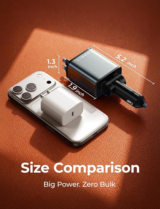 LISEN Retractable Car Charger, 84W Car Charger USB C Fast Charge, Multi Cigarette Lighter Adapter, 4 in 1 Car Accessories Birthday Gifts for Men Women Dad Mom Husband, for iPhone 17 16 15 14 13 12 X