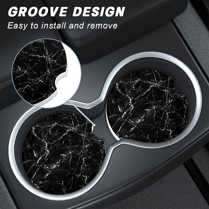 Aiawoxc Car Cup Holder Coasters, 2 Pack Universal Auto Anti Slip Insert Coaster with A Finger Notch, Cup Mat for Most Car Interior, Black Marble