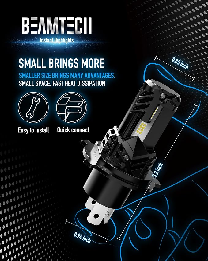 BEAMTECH H4 Bulb, Fanless In Line 9003 Light, 6500K Xenon White, Pack of 2 | H4 Light Bulb, 1:1 Size, Hi/Lo Beam, For Motorcycle, UTV, ATV, Offroad or Fog