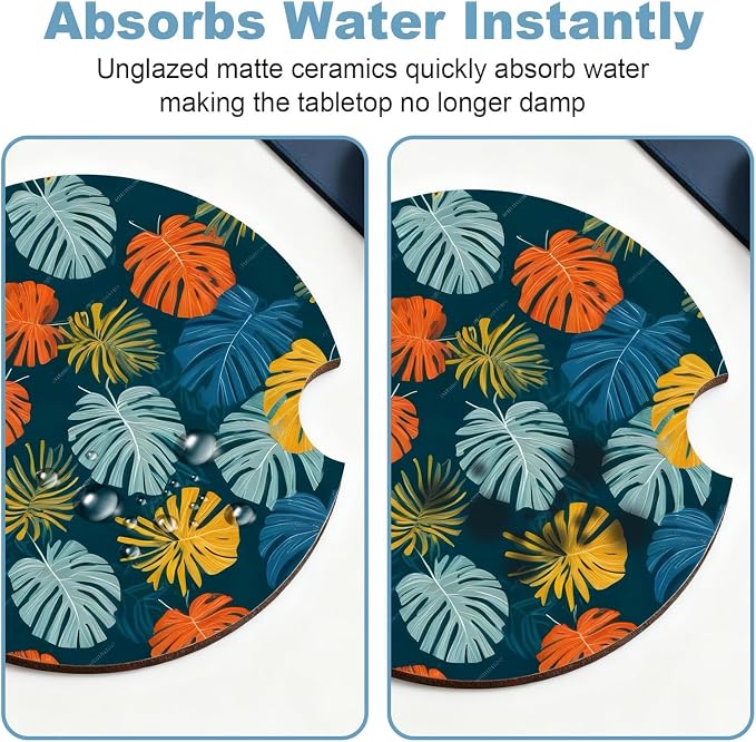 Car Cup Holder Coaster Set of 2, 2.56 in Ceramic Coasters, Scratch-Resistant Cork Backing, Finger Groove Design for Easy Placement, Cute Car Accessories Interior for Women (Blue Maple Leaf)