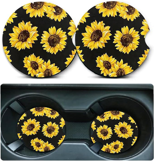2 PCS Sunflower Leopard Car Cup Holder Coasters Universal Neoprene Coasters | 2.75" Universal Size Anti Slip Rubber Mat, Auto Cup Holder Decor for SUV Truck,Sunflowers Gifts for Women Mom Her Wife