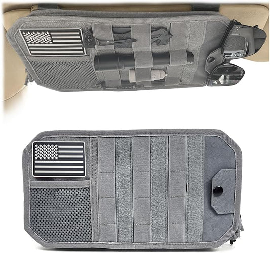 Car Sun Visor Organizer with 2 USA Flag Patches, 1000D Polyester, Large Capacity MOLLE Panel, Zipper Pocket, Fits SUVs, Trucks, Sedans, Police Gear & Overlanding (Gray)