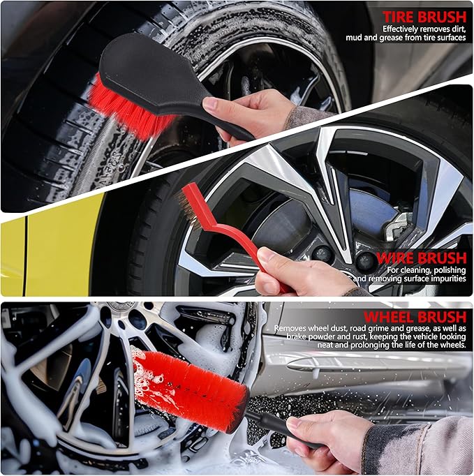 35Pcs Car Detailing Kit & Car Cleaning Kit, B：35PCS-R | Windshield Tool, Long Wheel Brush & 2 Angled Brushes, 4 Polishing Pads & 4 Wax Pads, Red Tool Box, Gift for Men