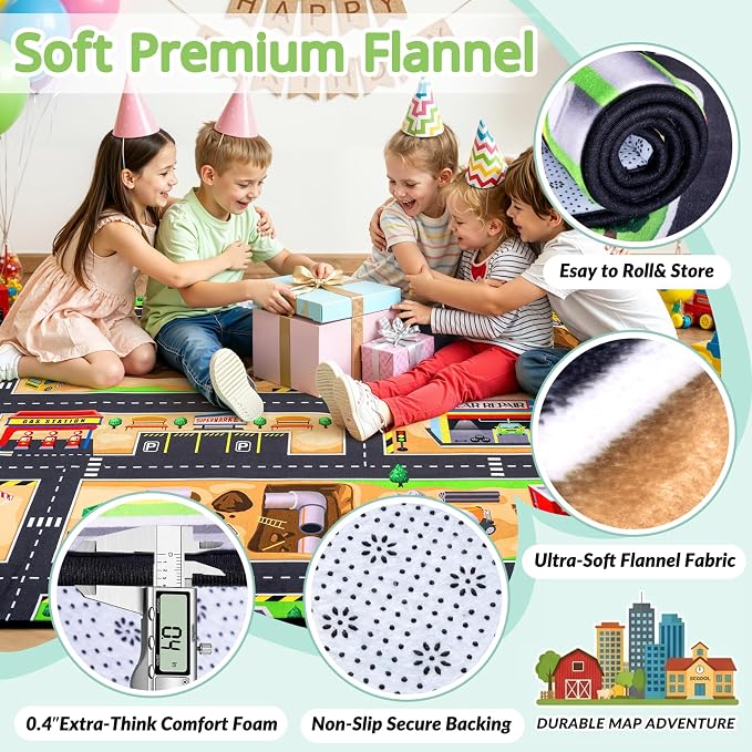 Kids Rug, 5x7 Ft Construction Play Rug for Kids | Extra Thick 0.4in Soft Construction Site Play Rug with Non-Slip Rubber Backing,Machine Washable for Bedroom & Playroom