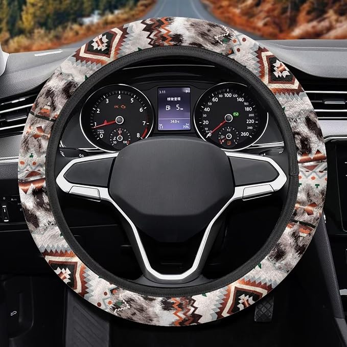 Wanyint Car Steering Wheel Cover Universal 15 Inch Steering Wheel Wrap Anti-Slip Soft Elastic Decorative Auto Accessories All Weather Protection, Aztec Gray Leopard Print