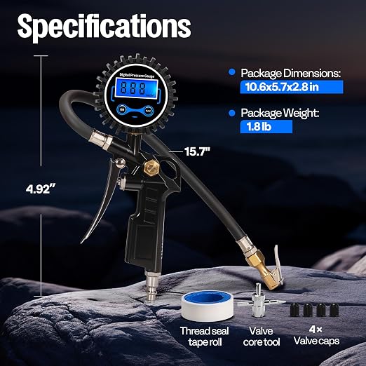 SPECSTAR 2 Pack Digital Tire Inflator with Pressure Gauge, Night Available | 250 PSI Air Chuck and Compressor Accessories with Rubber Hose and Quick Connect Attachment for 0.1 Display Resolution