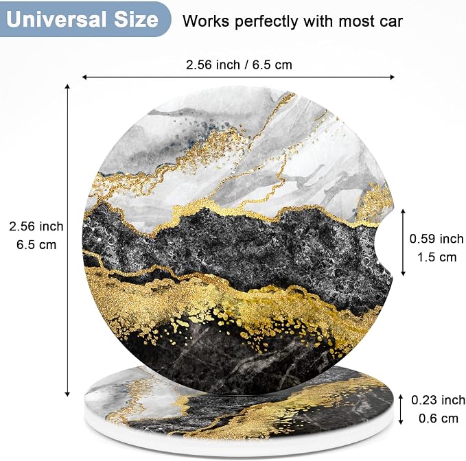 Nipichsha Car Coasters for Cup Holders, 2 Pack Absorbent Ceramic Car Cup Holder Coaster for Drinks, Cute Auto Assecories for Women, Size 2.56 in with Finger Notch & Cork Base, Grey Black Gold Marble