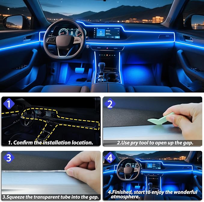 5 in 1 Car Led Strip Lights with App Control, RGB Colors Interior Car Lights, Ambient Led Lighting Kit, 4 Light Flashing Modes, USB Neon Accessories for Doors, Center Console