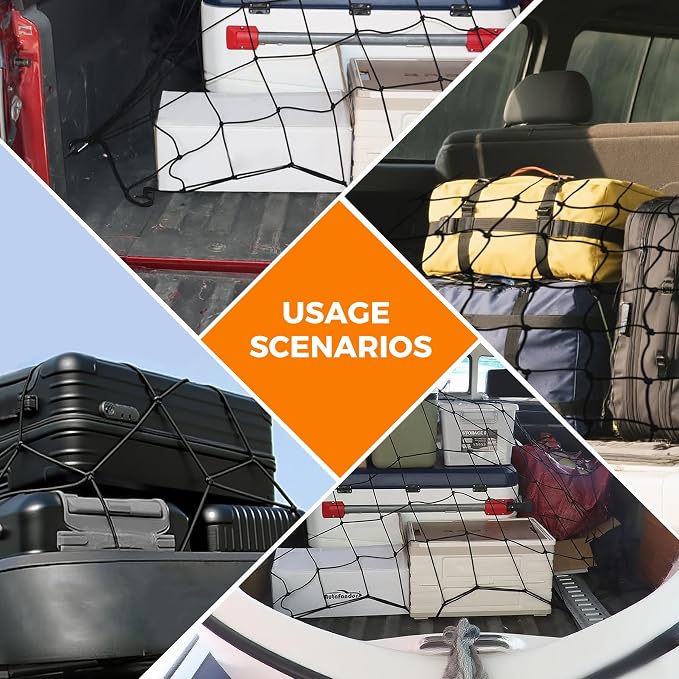 Cargo Net 4’x6’ Truck Bed Bungee Mesh 12 Carabiners | Stretches to 8’x12’, tangle-free hooks, storage bag included, pickup truck SUV trailer compatible, universal bed accessories