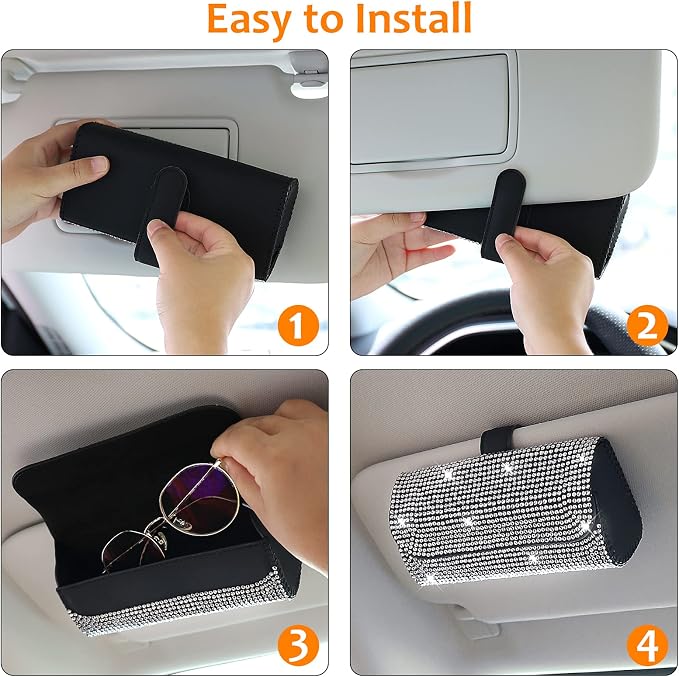 Accmor Bling Sunglasses Holder for Car Sun Visor, Sparkling Eyeglasses Car Visor Clip Storage Glasses Organizer Case, PU Leather Auto Sunglass Holder Protective Box for Truck, SUV, RV (White)