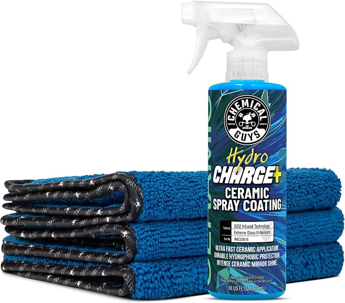 Chemical Guys, HydroCharge Ceramic Spray Coating & Towels Kit, 16 oz, 4 Pc | Ceramic spray coating adds gloss and hydrophobic protection, with three plush Monster microfiber towels