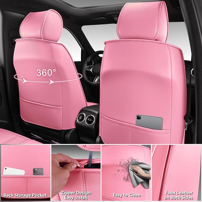 CAR PASS Nappa Leather Car Seat Covers Full Set, Pink Seat Covers, 3D Foam | Luxury Waterproof Universal FIT Piping Leather Car seat Cover Full Set, 3D Foam Breath Perforated leather seat covers