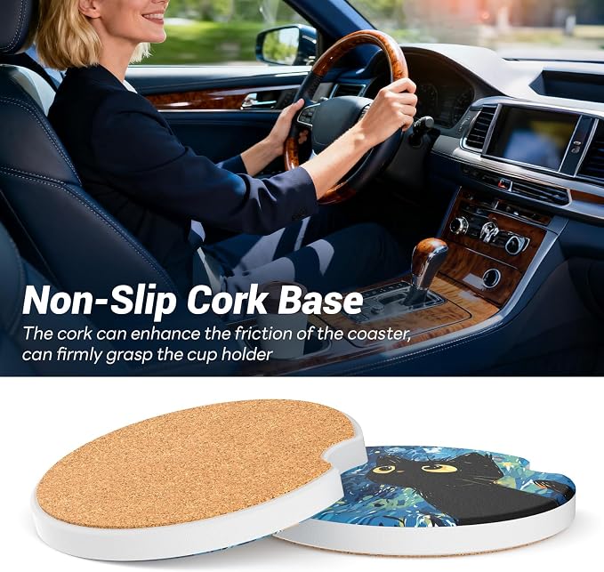 Car Cup Holder Ceramic Coasters 2 Pack, 2.56 in Anti Slip Absorbent Coaster with Cork Base and Finger Notch, Funny Cute Car Accessories Interior for Women, Black Cat