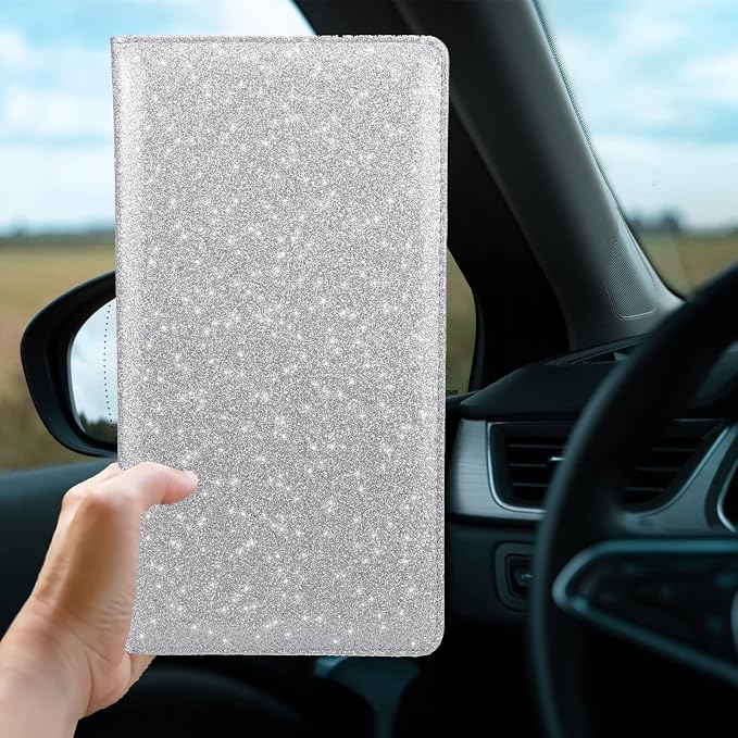 Car Registration and Insurance Holder, Bling Premium Pu Leather Vehicle Glove Box Organizer, Prefect Leather License Registration Holder for Driver License, Cards & Essential Documents (Silver)
