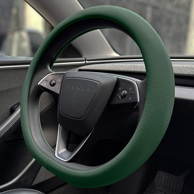 PINCTROT Nappa Leather Steering Wheel Cover for Tesla Model Y/3 Highland/Juniper, D Shaped 14 Inch Small Sized with Breathable Perforation, Fit Like Gloves, Flat Bottom 14 Inch(Nappa Green)