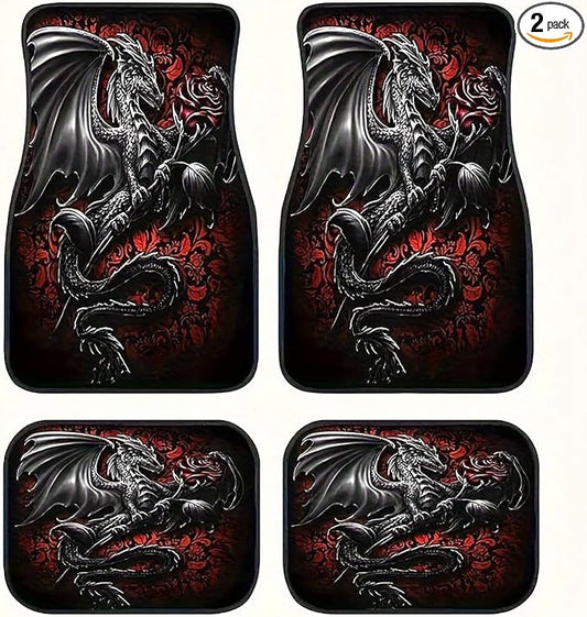 Universal Fit Car Floor Mats Set of 4Pcs, Black Dragon Rose Print All-Weather Front Rear Car Carpet Mats, Non-Slip Car Floor Mat Car Accessories for Automotive Trucks SUV Sedans Vans