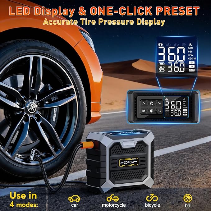 ZOPOM Tire Inflator Portable Air Compressor, 12V DC Car Air Pump with Auto Shut-Off & Digital Pressure Gauge, 100 PSI Corded Inflator for Car, Motorcycle, Bicycle & Sports Balls, LED Light