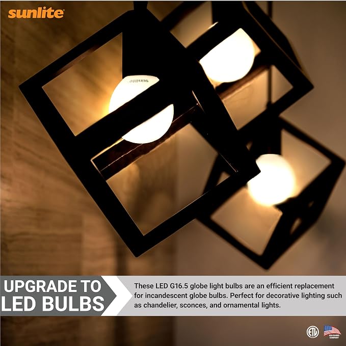 Sunlite G16.5 Light Bulb LED, 7 Watts (60W Equiv.), 500 Lumens, Dimmable, Type G Globe Shape E12 Candelabra Base, Short Bulbs, Vanity Mirror Bulbs, 3000K Warm White, Clear, 6 Count