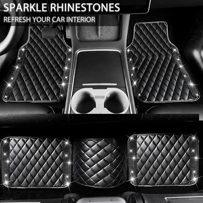 NBTEPEM Black Bling Leather Car Floor Mats Full Set, Sparkly Diamond Car Mats Universal Fit Most Automotive, Glitter Rhinestone Carpet Waterproof Anti-Slip, 5 pcs Set (Black Leather Diamond)