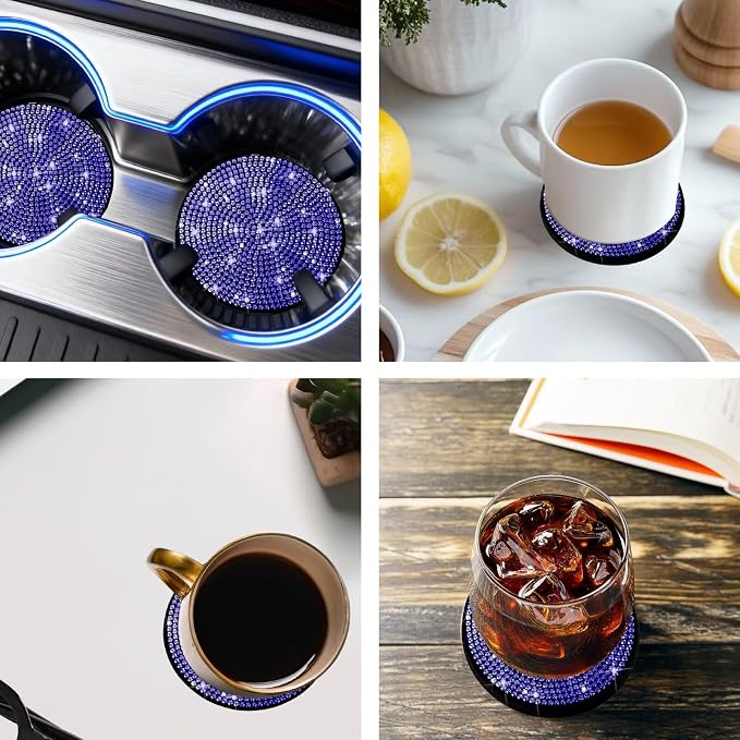 BFXM 4 PCS Bling Cup Holder Coaster, 2.75 inch Diamond Universal Non-Slip Silicone Cup Holder Coasters, Sparkly Bling Car Accessories for Women (Blue)