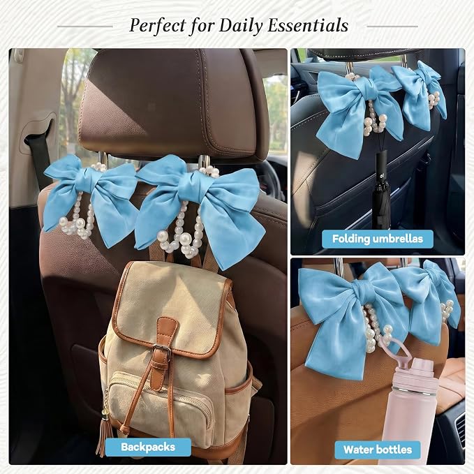 2PCS Satin Bow Pearl Car Seat Headrest Hooks – Car Bag Holder & Vehicle Hanger for Purses – Cute Coquette Aesthetic Interior Decoration – Cute Auto Organizer Accessories Universal (Sky Blue)