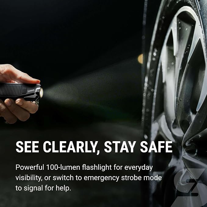 Sabre Safe Escape™ 3-in-1 Car Escape Tool for Car Safety with Spring-Loaded Window Breaker, No Swing Required, Seat Belt Cutter, LED Flashlight, Compact Auto Safety Tool for Emergencies