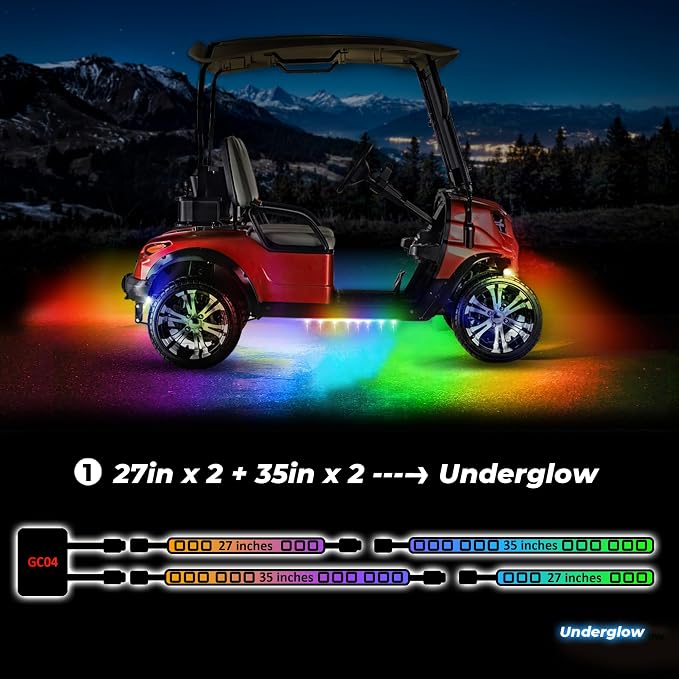 4PCS 12V-72V Golf Cart Lights, RGB Led Underglow Light Kit with 2 Remotes and App Control, Voltage Reducer, Waterproof, Sound Active, Battery Drain Protect Kill Switch Golf Cart Led Lights